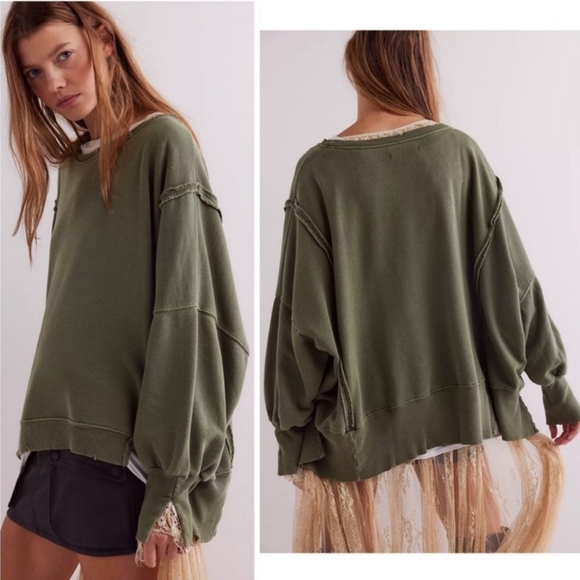NEW FREE PEOPLE CAMDEN We The Free Sweatshirt Top Olive Green St. Patrick's S - Picture 2 of 11